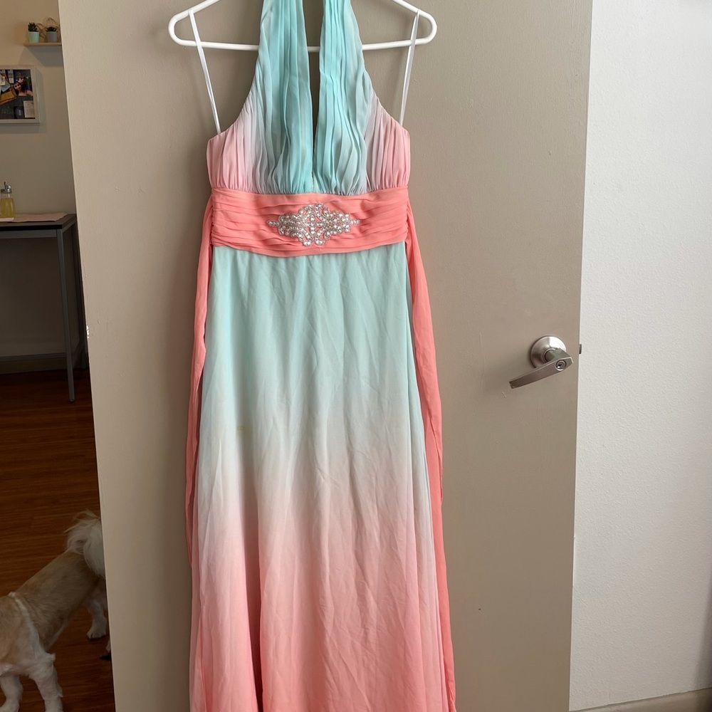 Betsy Adam Orange/Blue Ombré Halter Dress